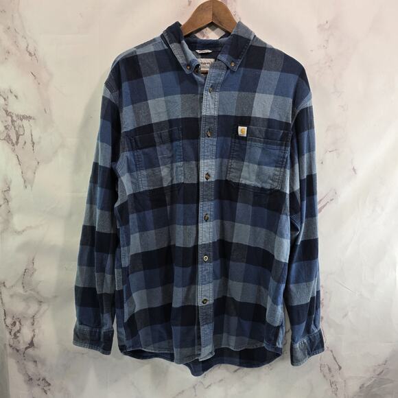 Carhartt Shirt Mens Large Blue Flannel Long Sleeve Button Down Plaid Relaxed - Picture 1 of 12